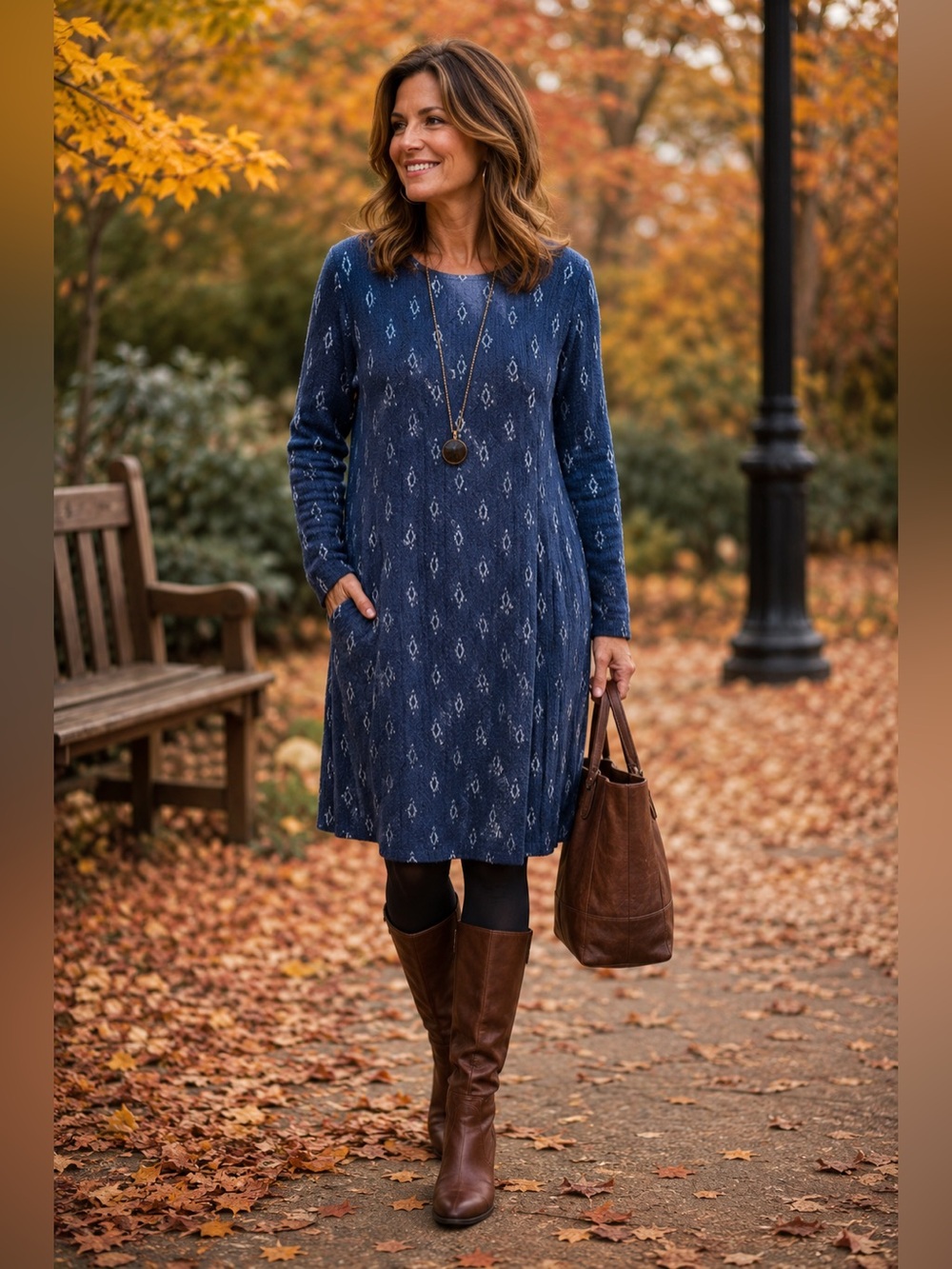 J. Jill Size Large Blue Ikat Diamond Print Knit Side Pleats Dress Long Sleeve